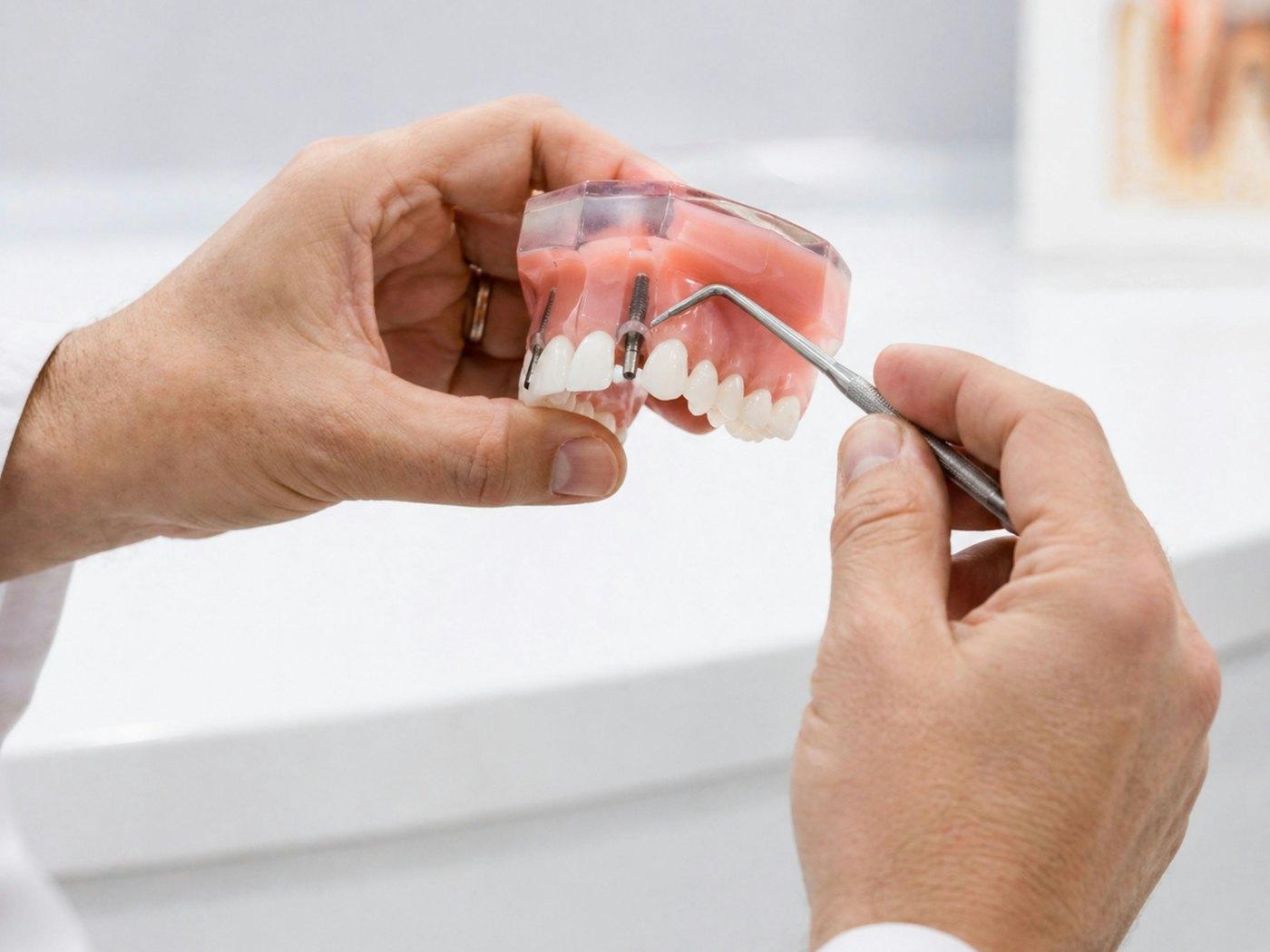 A dental implant model showing how an extracted tooth is replaced
