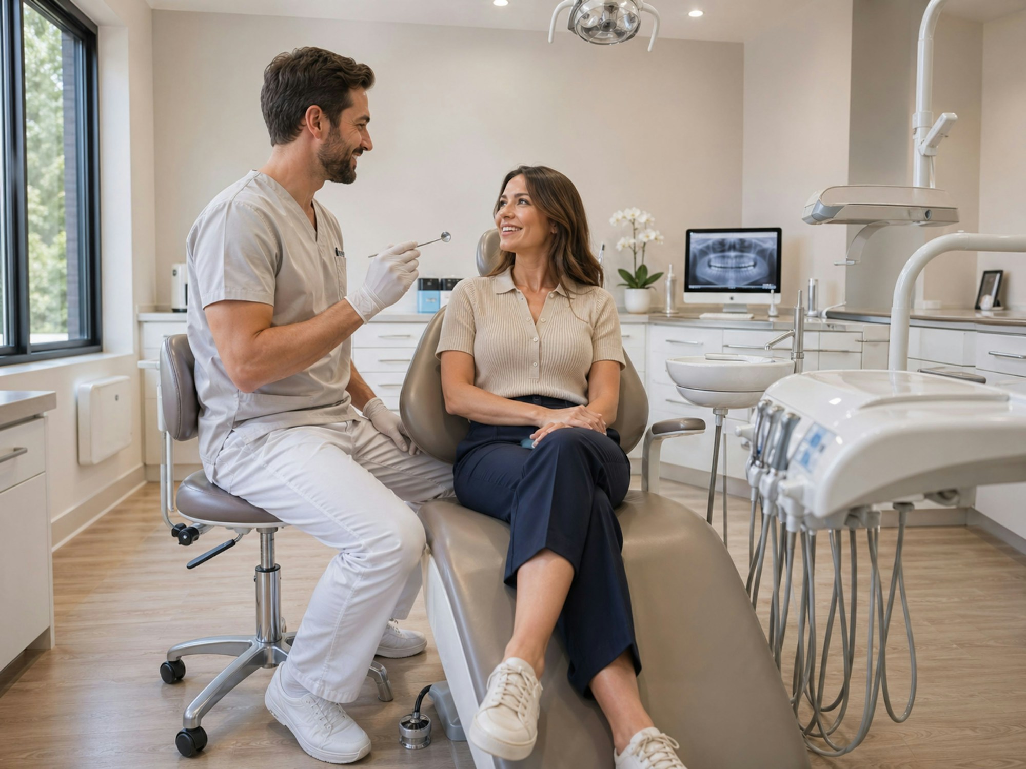 Endodontist consulting warmly with a patient in a modern treatment room